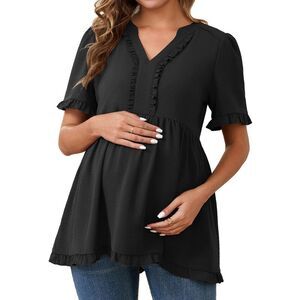 Maternity Boho Ruffled V Neck Short Sleeve Flowy Casual Blouses Black